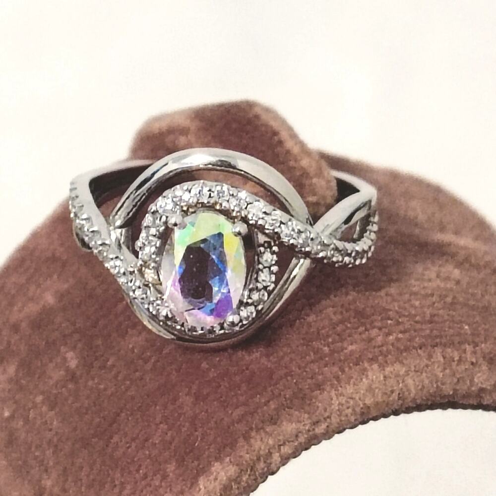 Sterling Silver 925 Iridescent Rhinestone Twist Ring Size 6.75 Signed TGI